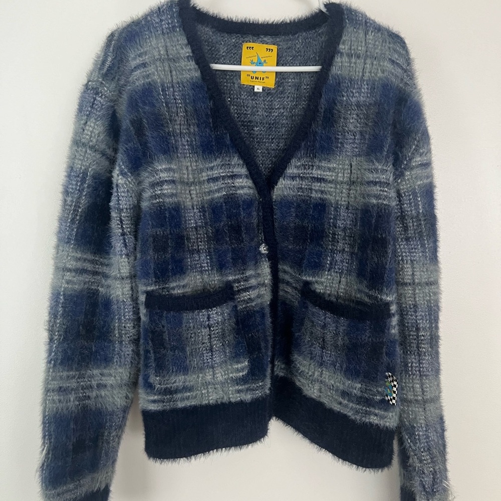 UNIF Blue and Gray Plaid Cardigan Sweater